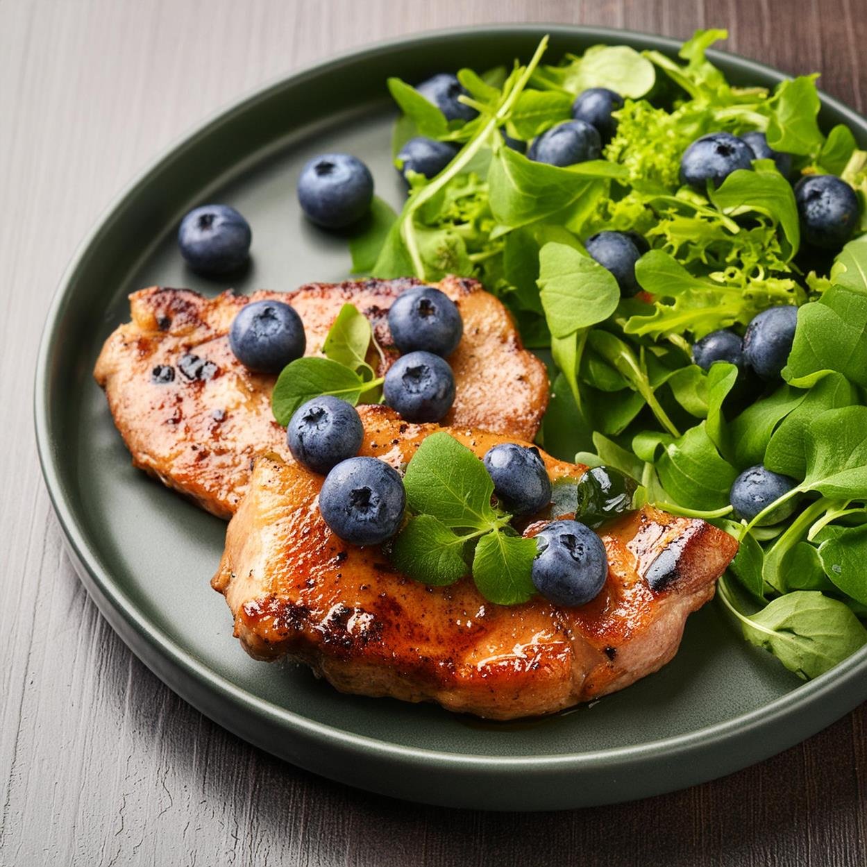 Grilled Pork Chops with Blueberry-Cilantro Salsa and Spring Mix Salad