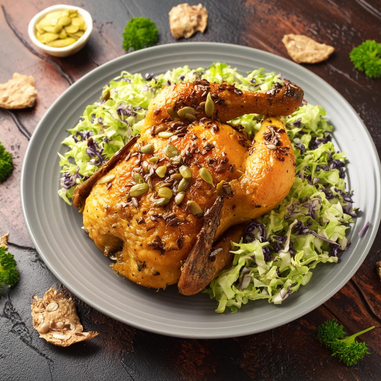 Baked Chicken with Anchovy Pumpkin Seed Crust and Cabbage Salad